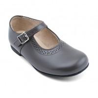 Clare, Grey Leather Girls Buckle Classic Shoes