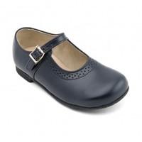 Clare, Navy Blue Leather Girls Buckle Classic Shoes