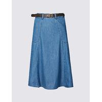 Classic Belted Denim A-Line Midi Skirt