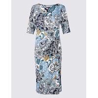 Classic Ruched Paisley Print Shift Midi Dress