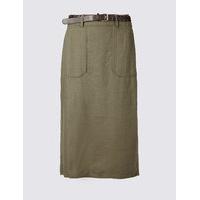 classic linen rich belted dipped hem midi skirt