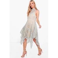 Cleo Crochet Hanky Hem Skater Dress - grey