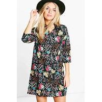 cluster floral shirt dress black