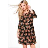 cluster floral skater dress black