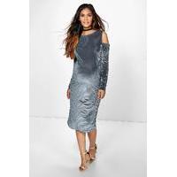 Cleo Burn Out Stripe Velvet Midi Dress - grey