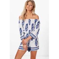 Claire Off The Shoulder Feather Print Playsuit - multi