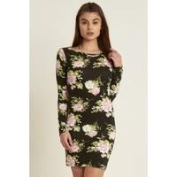 Clara Black Pink Rose Print Bodycon Mini Dress