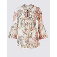 Classic Floral Print Tie Front 3/4 Sleeve Shirt