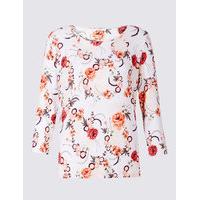 Classic Floral Print Round Neck 3/4 Sleeve T-Shirt