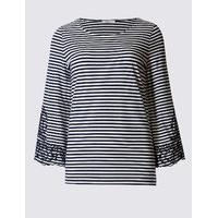 Classic Pure Cotton Striped Embroidered T-Shirt