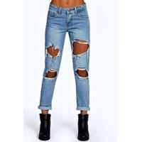 Cloudy Wash Ripped Boyfriend Jeans - blue