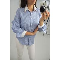 Claudine blue stripe pearl ruffle sleeve blouse