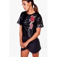 Claire PU Embroidered Tee - black
