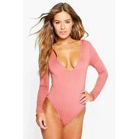 Claire Deep Plunge Long Sleeve Bodysuit - antique rose