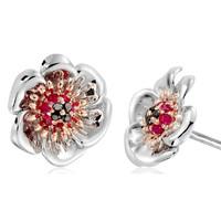 Clogau Welsh Poppy Silver Rose Gold Black Diamond And Ruby Studs