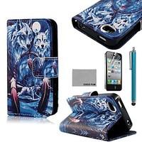 COCO FUN Blue Wolf Pattern PU Leather Full Body Case with Screen Protector, Stand and Stylus for iPhone 4/4S