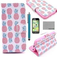 COCO FUN Pink Pineapple Pattern PU Leather Full Body Case with Screen Protector, Stylus and Stand for iPhone 5C