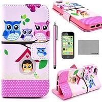 COCO FUN Lovely Owl Family Pattern PU Leather Full Body Case with Screen Protector, Stylus and Stand for iPhone 5C
