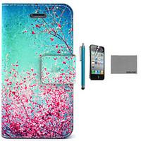 COCO FUN Sky Red Floral Pattern PU Leather Case with Screen Protector and USB Cable and Stylus for iPhone 4/4S