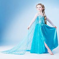 Cosplay Costume Fairytale Princess Blue Bling Bling Rhinestone Brooch Chiffon Snow Princess Girls\' Elsa Halloween Dress