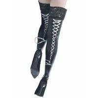 Coquette Darque Wet Look Lace Top Hold Ups with Ribbon Lace Ups Black One size