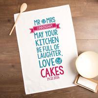 couples laughter love cakes personalised tea towel