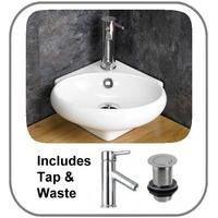 Counter Top 36cm Wide Cesena Corner Washbasin with Single Lever Tap and Plug Set