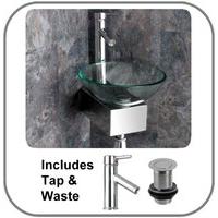 Corner Mounted Clear Glass Monza 31cm Washbasin with Stainless Mount and Tap