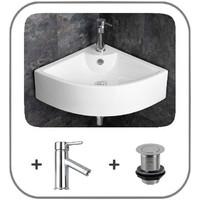 Compact Olbia Small Corner Wall Mounted Ceramic Wash Basin, Tap and Waste Set