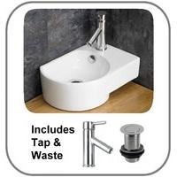 Counter Mounted Aversa Right 41cm by 27.5cm White Wash Basin and Tap and Waste Set