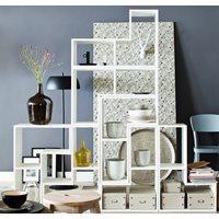 contemporary white display cabinet in tetris shape