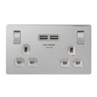 Colours 3.1A Brushed Steel Switched Double Socket & 2 x USB