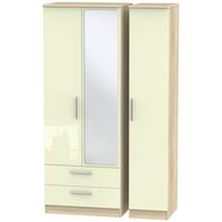 Contrast High Gloss Cream and Bardolino Triple Wardrobe - Tall with 2 Drawer and Mirror