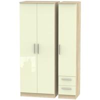 Contrast High Gloss Cream and Bardolino Triple Wardrobe - Tall Plain with 2 Drawer