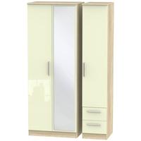 Contrast High Gloss Cream and Bardolino Triple Wardrobe - Tall with Mirror and 2 Drawer