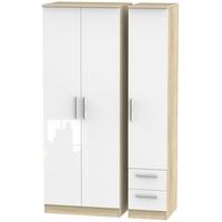 Contrast High Gloss White and Bardolino Triple Wardrobe - Tall Plain with 2 Drawer