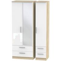 Contrast High Gloss White and Bardolino Triple Wardrobe - Tall with Drawer and Mirror