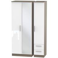 Contrast High Gloss White and Toronto Triple Wardrobe - Tall with Mirror and 2 Drawer