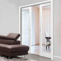 Cottage White Double Pocket Doors - Clear Glass - Etched Lines