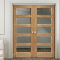 contemporary 5 pane oak veneered door pair with clear safety glass pre ...