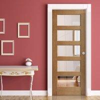Contemporary 5 Pane Oak Veneered Door with Clear Safety Glass, Prefinished