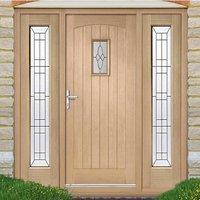 cottage external oak door and frame with two side screens and black le ...