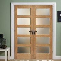 Contemporary 5 Pane Oak Veneered Door Pair with Frosted Safety Glass, Prefinished