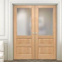 Contemporary 1 Pane - 2 Panel Oak Veneered Door Pair with Frosted Safety Glass, Prefinished