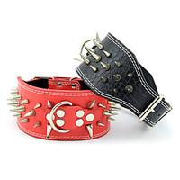 Collar Adjustable/Retractable Studded Rivet Solid Genuine Leather Black Red