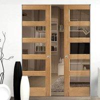 Contemporary 5 Pane Oak Veneered Syntesis Double Pocket Door with Clear Safety Glass, Prefinished