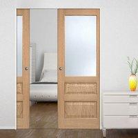 Contemporary 1 Pane - 2 Panel Oak Veneered Syntesis Double Pocket Door with Frosted Safety Glass - Prefinished