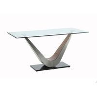 Cobra Dining Table In Clear Glass Top With V Shape Walnut Base