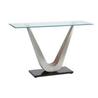 Cobra Console Table In Clear Glass Top With V Shape Walnut Base