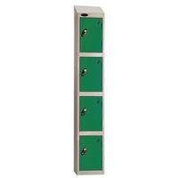 COLOUR DOOR LOCKER WITH SLOPING TOP 4 DOOR DEPTH 305MM SILVER BODY/GREEN DOOR